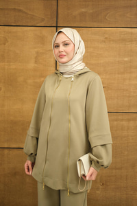 Kapüşonlu Çift Fermuar Detay Regular Scuba Takım Haki Yeşil