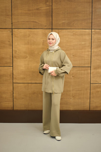 Kapüşonlu Çift Fermuar Detay Regular Scuba Takım Haki Yeşil