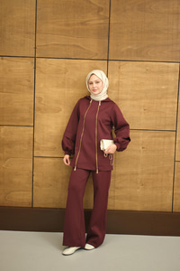 Kapüşonlu Çift Fermuar Detay Regular Scuba Takım Bordo