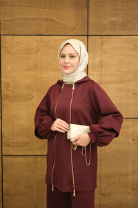 Kapüşonlu Çift Fermuar Detay Regular Scuba Takım Bordo