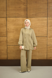 Kapüşonlu Çift Fermuar Detay Regular Scuba Takım Haki Yeşil