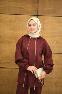 Kapüşonlu Çift Fermuar Detay Regular Scuba Takım Bordo