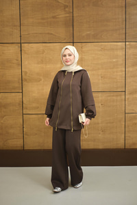 Kapüşonlu Çift Fermuar Detay Regular Scuba Takım Kahverengi