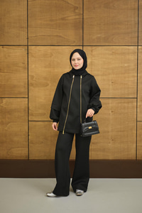 Kapüşonlu Çift Fermuar Detay Regular Scuba Takım Siyah