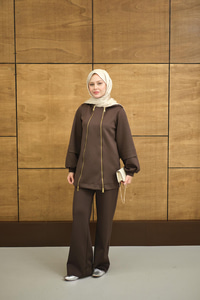 Kapüşonlu Çift Fermuar Detay Regular Scuba Takım Kahverengi