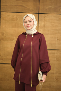 Kapüşonlu Çift Fermuar Detay Regular Scuba Takım Bordo