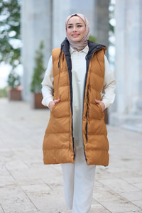 Kapüşonlu Çift Taraflı Şişme Yelek Siyah-Taba