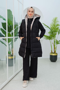 Kapüşonlu Çift Taraflı Şişme Yelek Siyah-Taş