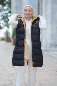 Kapüşonlu Çift Taraflı Şişme Yelek Siyah-Taba