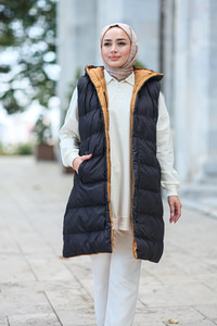 Kapüşonlu Çift Taraflı Şişme Yelek Siyah-Taba