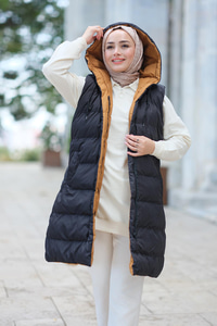 Kapüşonlu Çift Taraflı Şişme Yelek Siyah-Taba