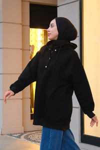 Kapüşonlu Çıtçıt Detaylı Sweatshirt  Siyah