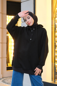 Kapüşonlu Çıtçıt Detaylı Sweatshirt  Siyah