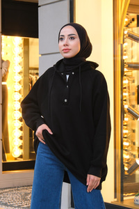 Kapüşonlu Çıtçıt Detaylı Sweatshirt  Siyah