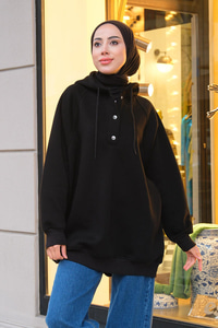 Kapüşonlu Çıtçıt Detaylı Sweatshirt  Siyah