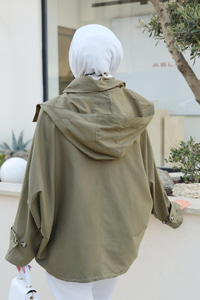 Kapüşonlu Fermuar Ve Düğme Detay Trenç Koyu Yeşil