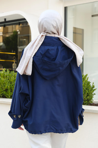 Kapüşonlu Fermuar Ve Düğme Detay Trenç Lacivert