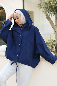 Kapüşonlu Fermuar Ve Düğme Detay Trenç Lacivert