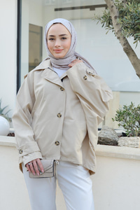Kapüşonlu Fermuar Ve Düğme Detay Trenç Krem