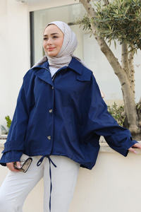 Kapüşonlu Fermuar Ve Düğme Detay Trenç Lacivert