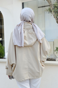 Kapüşonlu Fermuar Ve Düğme Detay Trenç Krem