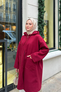 Kapüşonlu Fermuarlı Ara Boy Kaşe Bordo