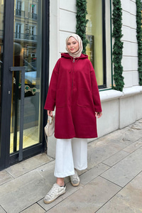 Kapüşonlu Fermuarlı Ara Boy Kaşe Bordo