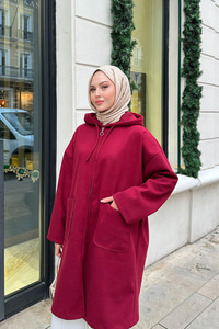 Kapüşonlu Fermuarlı Ara Boy Kaşe Bordo