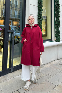 Kapüşonlu Fermuarlı Ara Boy Kaşe Bordo