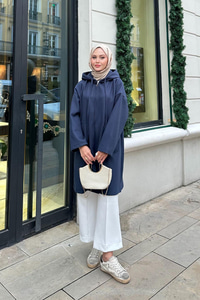 Kapüşonlu Fermuarlı Ara Boy Kaşe Mavi