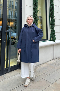 Kapüşonlu Fermuarlı Ara Boy Kaşe Mavi