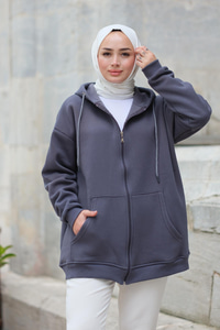 Kapüşonlu Fermuarlı Hırka  Antrasit