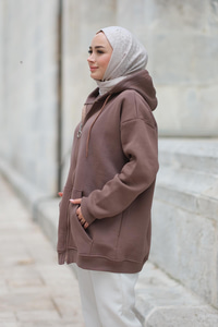 Kapüşonlu Fermuarlı Hırka  Kahverengi