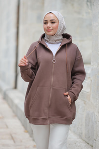 Kapüşonlu Fermuarlı Hırka  Kahverengi