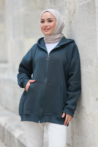 Kapüşonlu Fermuarlı Hırka  Koyu Yeşil