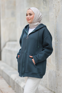Kapüşonlu Fermuarlı Hırka  Koyu Yeşil