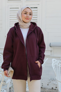 Kapüşonlu Fermuarlı Hırka Mürdüm