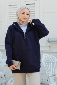 Kapüşonlu Fermuarlı Hırka Saks Mavi