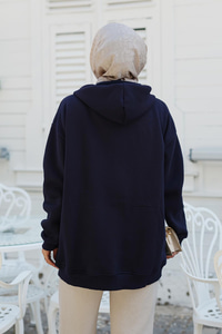 Kapüşonlu Fermuarlı Hırka Saks Mavi