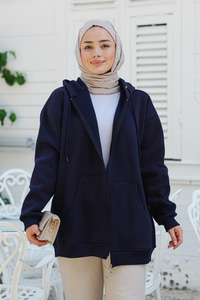 Kapüşonlu Fermuarlı Hırka Saks Mavi