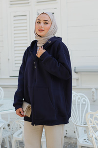 Kapüşonlu Fermuarlı Hırka Saks Mavi