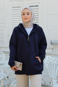 Kapüşonlu Fermuarlı Hırka Saks Mavi