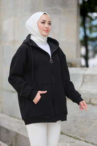 Kapüşonlu Fermuarlı Hırka  Siyah