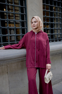 Kapüşonlu Fermuarlı Takım Bordo