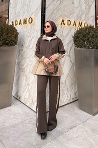 Kapüşonlu Garnili İkili Takım Kahverengi