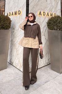 Kapüşonlu Garnili İkili Takım Kahverengi