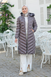 Kapüşonlu Kemer Detaylı Şişme Mont Gri