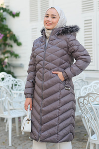 Kapüşonlu Kemer Detaylı Şişme Mont Gri