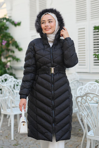 Kapüşonlu Kemer Detaylı Şişme Mont Siyah