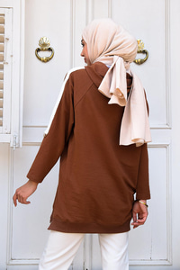 Kapüşonlu Kolları Şeritli Sweat Kahverengi